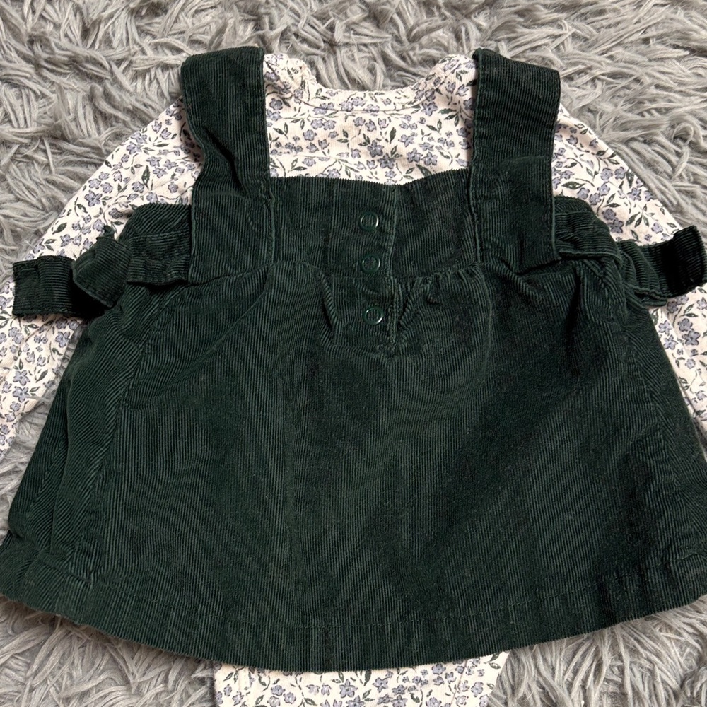 Dark Green Corduroy Pinafore Dress with Floral Onesie - Picture 4 of 16